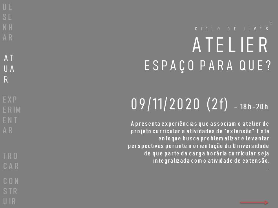 ATELIER – ESPAÇO PARA ATUAR, 09/11, das 18h às 20h
