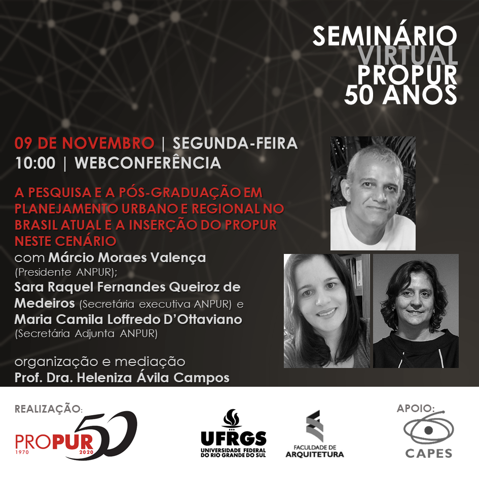PROPUR 50 anos: webconferência dia 09/11, às 10h
