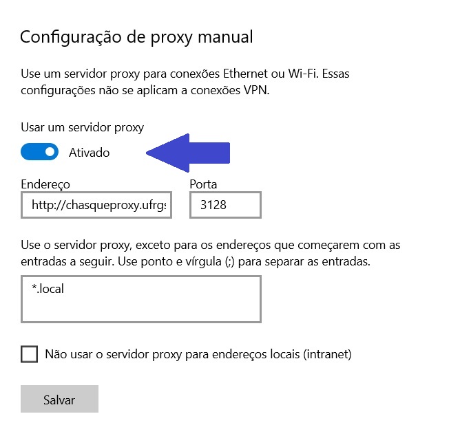 Proxy clicar em ativar proxy no windows 10