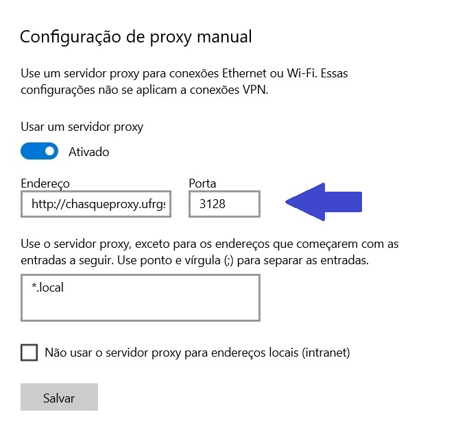Proxy ativação endereço proxy e porta