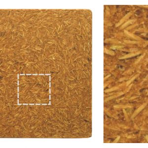 chapa marrom clara feita de casca de arroz inteira e moída. Ao lado, detalhe em zoom