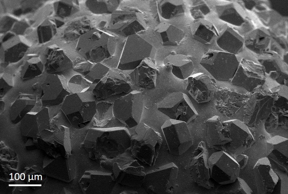 "Haste metálica recoberta de diamantes sintéticos (broca para odontologia) Grupo de Pesquisa da ULBRA Equipamento: MEV Zeiss EVO MA10 "