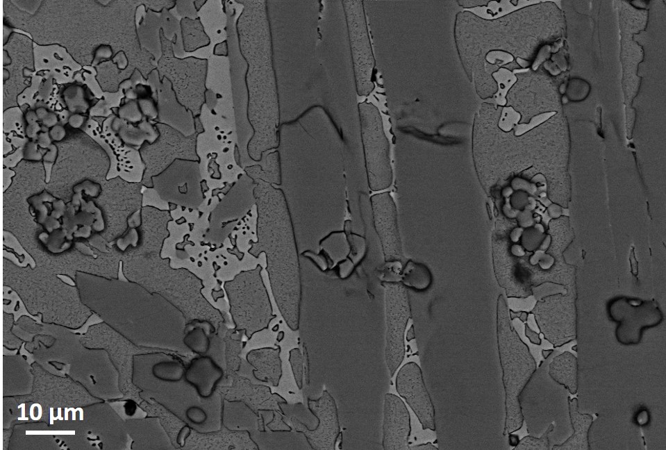 "Ferro Fundido Branco multicomponente, resistente ao desgaste abrasivo. Ligas Fe-Cr-C-Mo-V-Mn-Co-Nb e Fe-Cr-C-Mo-V-Mn-Ni, em condição bruta de fusão. Laboratório de Fundição do Centro de Tecnologia - UFRGS Equipamento: MEV Zeiss EVO MA10 "