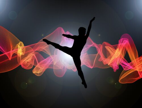 Imagem de silhueta humana de bailarino com fundo negro e gráficos colooridos ao centro