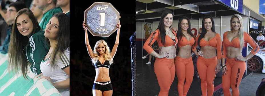 Imagens de mulheres em eventos esportivos com performances sensuais
