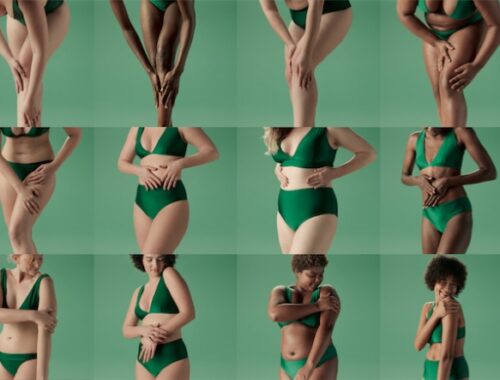 Corpos de mulheres com maiô verde