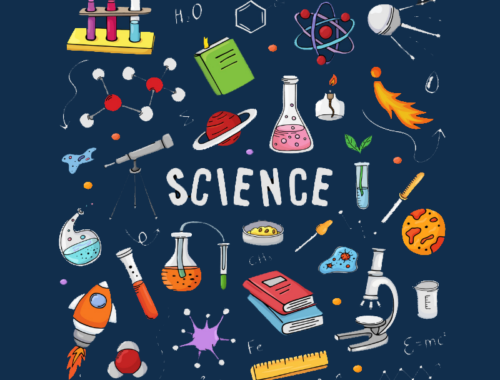 Imagem com uma série de desenhos e ícones que remetem à ciência