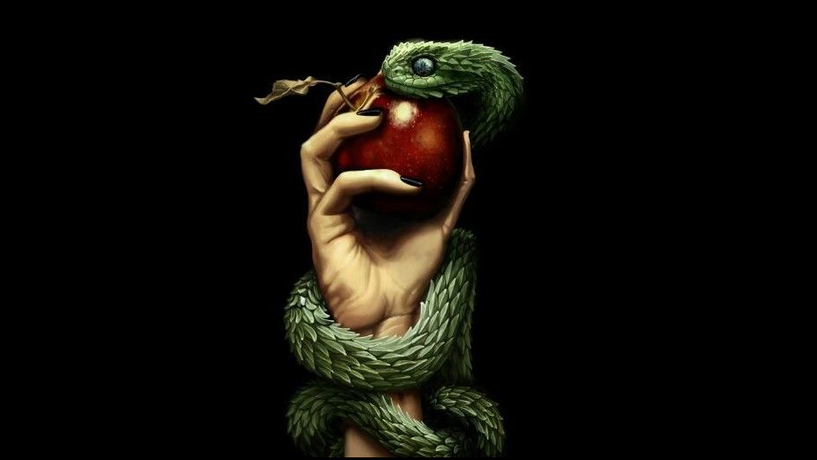 Serpente enrolada na mão que segura uma maçã com um fundo negro