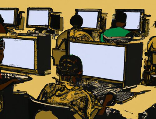 Imagem. Exemplo de arte gerada por software de geração de imagens, o Dall-E 2, da OpenAI. Ela ilustra a matéria da Times mencionada anteriomente, que faz uso proposital da IA para neste caso. Segundo a revista, o prompt para a ferramenta era: "A seemingly endless view of African workers at desks in front of computer screens in a printmaking style”. Fonte: Time, 2023.