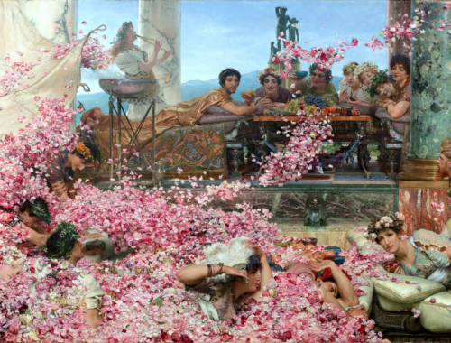 Cenário que remete à antiguidade com pessoas em segundo plano e no primeiro plano muitas rosas, que voam do canto inferior direito em direção quadrante esquerdo superior.