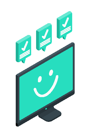 ilustração de um monitor com carinha feliz com três sinais de verdes de validação acima