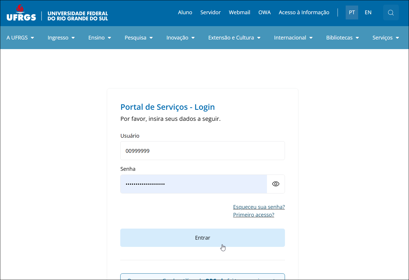Tela de login do Portal UFRGS
