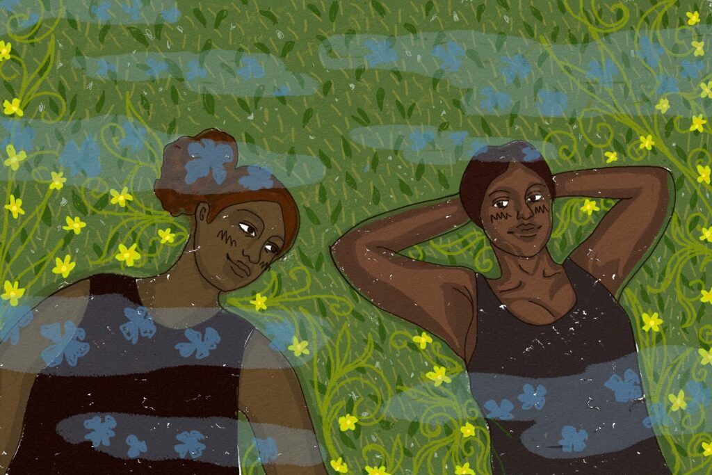 Ilustração de duas mulheres negras deitadas na grama, com flores amarelas e azuis ao redor.