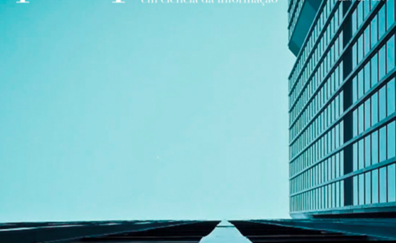 capa da revista Perspectivas em Ciência da Informação, com fotografia de fundo de um prédio espelhado visto de baixo, com o céu ocupando a maior parte da imagem. As cores são todas derivadas de um verde azulado, como se fosse um filtro, e o desenho repetitivo ou modular do prédio tem áreas escuras de sombra.