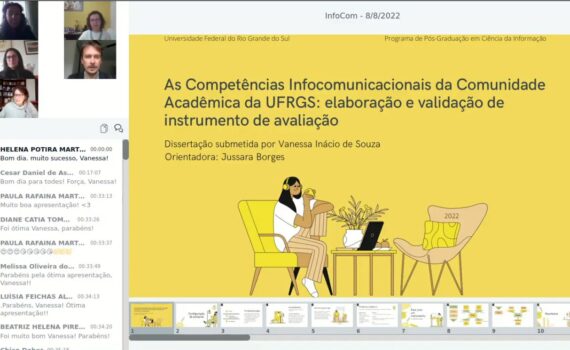 Captura de tela da defesa de Vanessa, com o slide com o título da dissertação em destaque