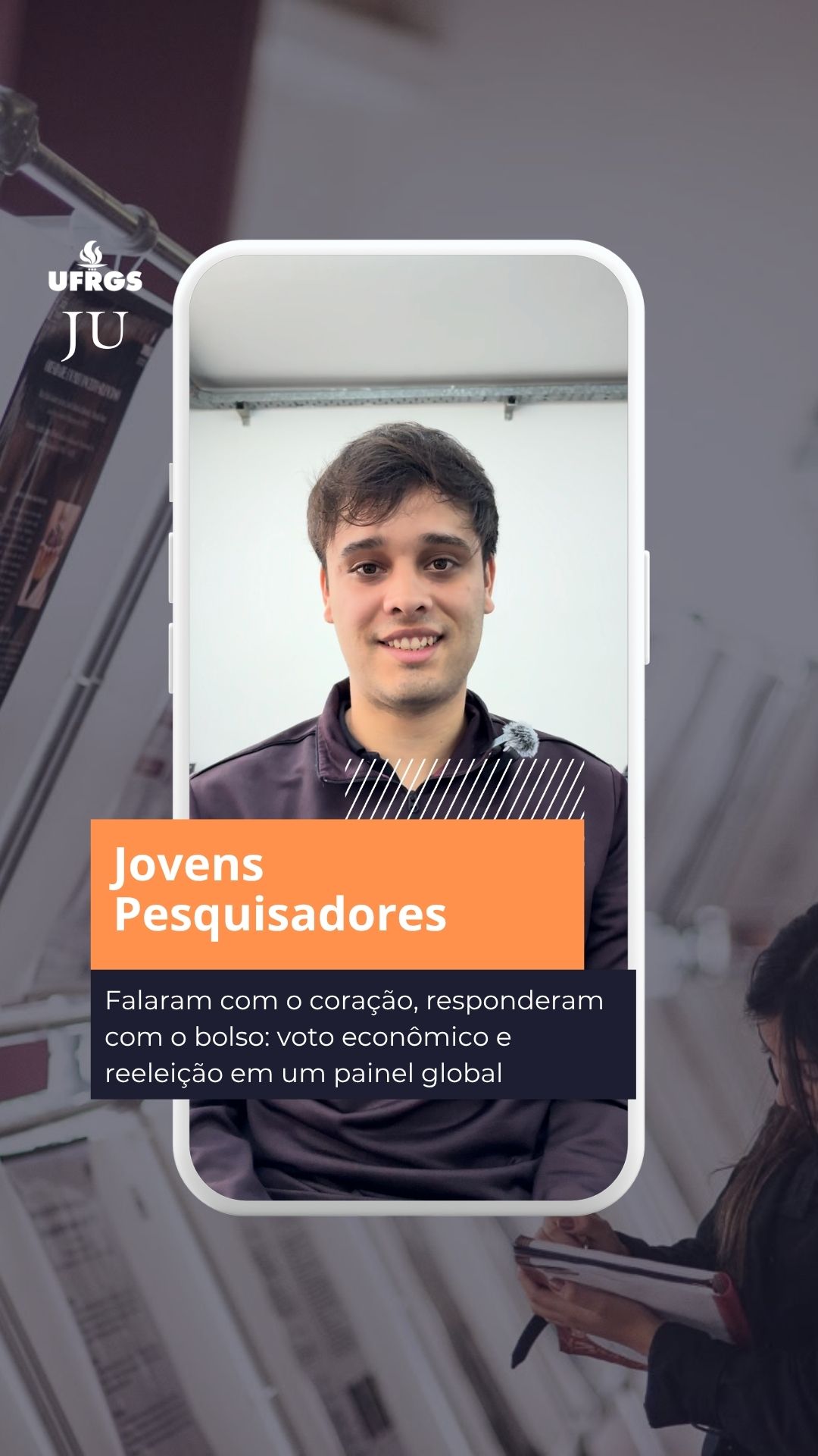 AUGM Jovens Pesquisadores | UFRGS sedia evento que debate a soberania acadêmica no Sul Global 

Lautaro Souto, da Universidad de Buenos Aires, traz para as 33.ª Jornadas de Jovens Pesquisadores (JJI) a pesquisa ‘Falaram com o coração, responderam com o bolso: voto econômico e reeleição em um painel global’.

Com a temática “Produzir conhecimento desde o Sul global: paradigmas disruptivos para a ciência”, Jovens Pesquisadores de diversos países do Sul Global participam entre os dias 20 e 22 de outubro das 33.ªs JJI, que ocorre no Câmpus do Vale da UFRGS. O foco do evento está na integração entre os pares.

🔗 Leia a reportagem “Soberania acadêmica no Sul Global exige cooperação regional e fomento público” no site do JU. Link na bio!

📝 Edição de vídeo: Malu Tosin