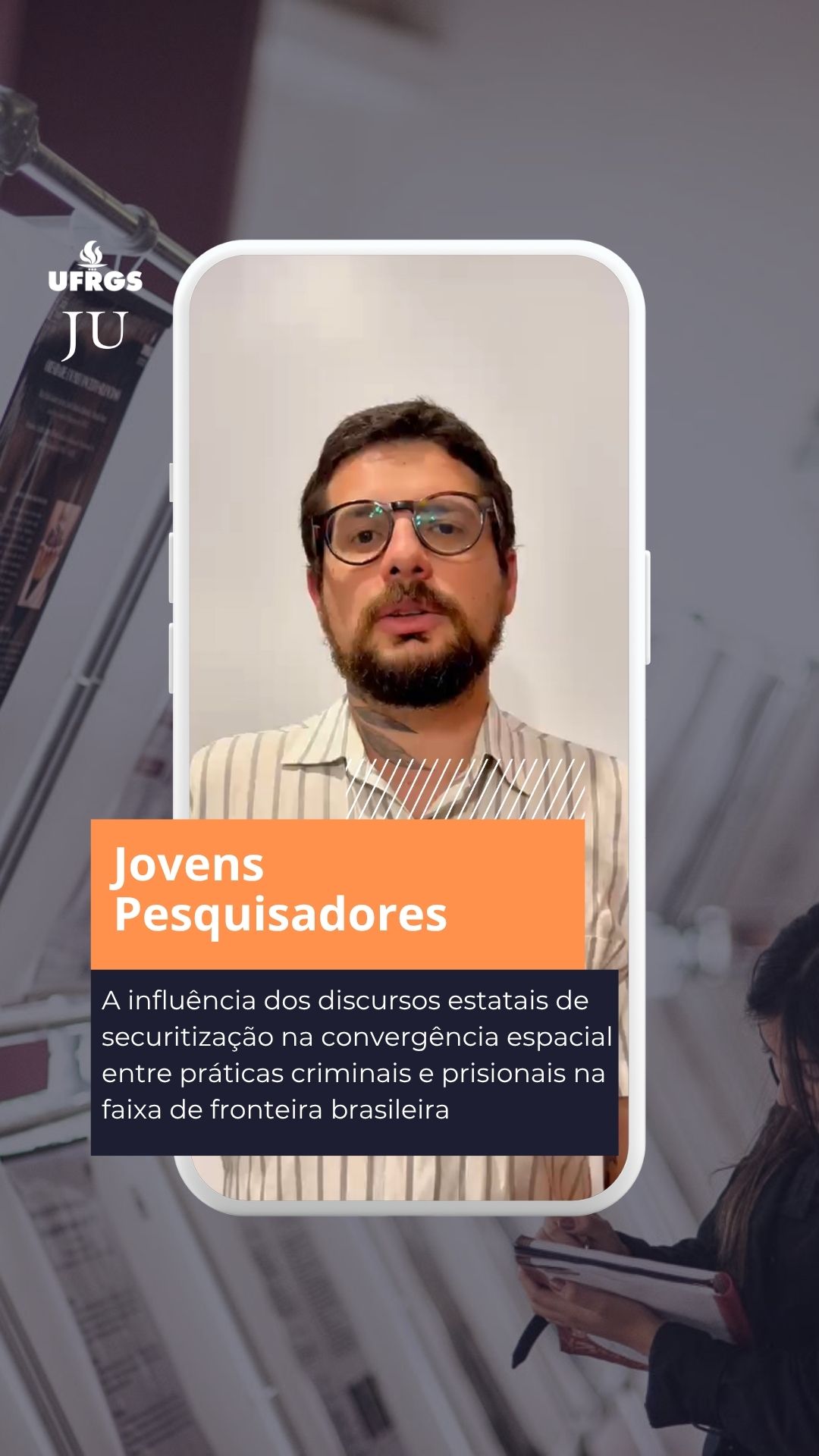 AUGM Jovens Pesquisadores | UFRGS sedia evento que debate a soberania acadêmica no Sul Global 

Dany Delfim Silbermann, da Universidade Federal do Rio Grande do Sul, traz para as 33.ª Jornadas de Jovens Pesquisadores (JJI) a pesquisa ‘A influência dos discursos estatais de securitização na convergência espacial entre práticas criminais e prisionais na faixa de fronteira brasileira’.

Com a temática “Produzir conhecimento desde o Sul global: paradigmas disruptivos para a ciência”, Jovens Pesquisadores de diversos países do Sul Global participam entre os dias 20 e 22 de outubro das 33.ªs JJI, que ocorre no Câmpus do Vale da UFRGS. O foco do evento está na integração entre os pares.

🔗 Leia a reportagem “Soberania acadêmica no Sul Global exige cooperação regional e fomento público” no site do JU. Link na bio!

📝 Edição de vídeo: Isabela Daudt