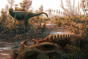 Ilustração mostra a ação de insetos em uma carcaça de rincossauro. Em meio a vegetação, está um dinossauro andando, enquanto ao seu lado está uma carcaça de rincossauro desgastada pela ação de insetos.