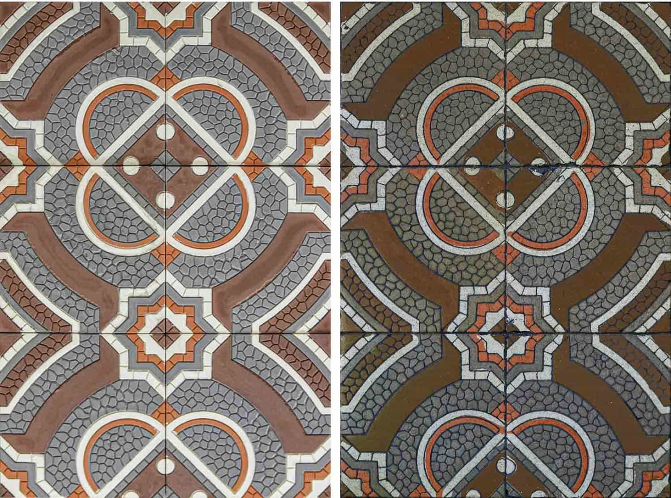 Dois ladrilhos estão um ao lado do outro, mostrando ao lado esquerdo um feito atualmente, pela Fábrica de Mosaicos, e outro do lado direito, sendo uma peça original utilizada no Paço Municipal.