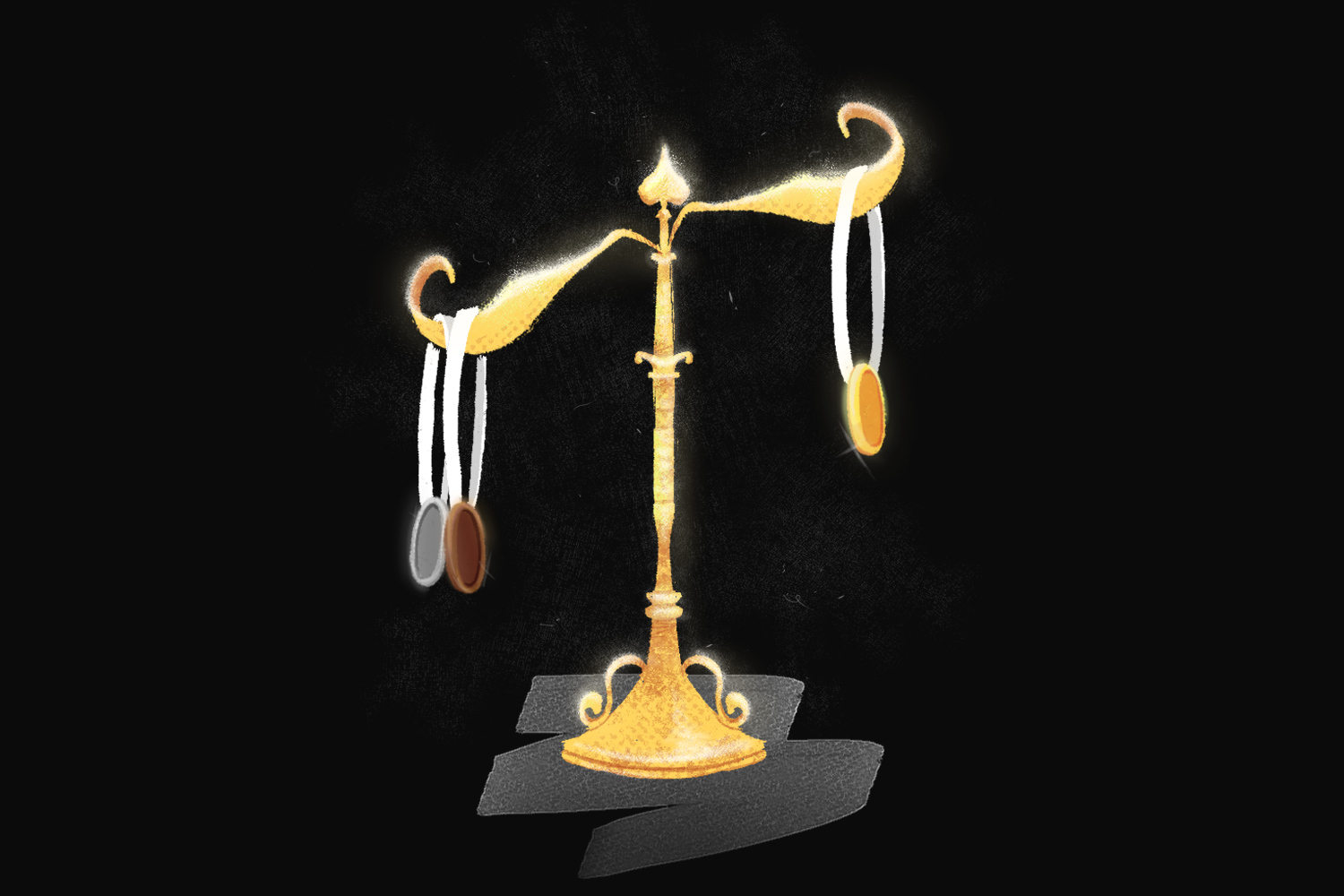 A ilustração mostra uma balança dourada pesando medalhas, do lado direito, há uma medalha de ouro e, do lado esquerdo, uma medalha de prata e uma de cobre. A balança está erguendo a medalha de ouro enquanto as outras estão em uma posição inferior.