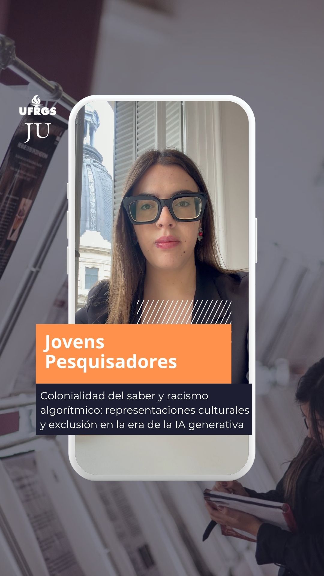 AUGM Jovens Pesquisadores | UFRGS sedia evento que debate a soberania acadêmica no Sul Global 

Delfina Gilli, da Universidad Nacional de Rosário - Sede de Gobierno, traz para as 33.ª Jornadas de Jovens Pesquisadores (JJI) a pesquisa ‘Colonialidad del saber y racismo algorítmico: representaciones culturales y exclusión en la era de la IA generativa’.

Com a temática “Produzir conhecimento desde o Sul global: paradigmas disruptivos para a ciência”, Jovens Pesquisadores de diversos países do Sul Global participam entre os dias 20 e 22 de outubro das 33.ªs JJI, que ocorre no Câmpus do Vale da UFRGS. O foco do evento está na integração entre os pares.

🔗 Leia a reportagem “Soberania acadêmica no Sul Global exige cooperação regional e fomento público” no site do JU. Link na bio!

📝 Edição de vídeo: Malu Tosin