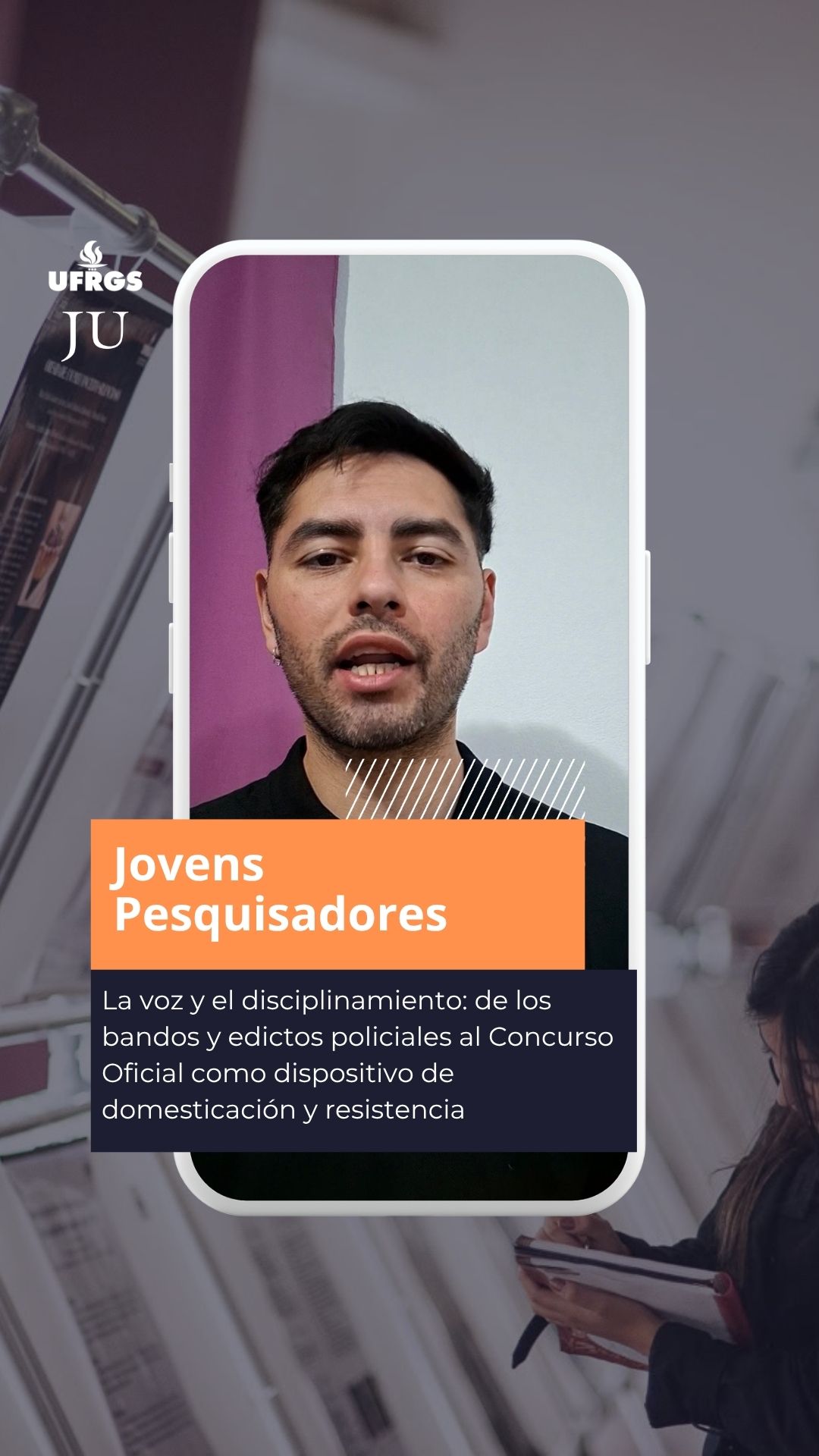 AUGM Jovens Pesquisadores | UFRGS sedia evento que debate a soberania acadêmica no Sul Global 

Alejandro Nicolas Gomes Montiel, da Universidad Nacional de San Luis, traz para as 33.ª Jornadas de Jovens Pesquisadores (JJI) a pesquisa ‘La voz y el disciplinamiento: de los bandos y edictos policiales al Concurso Oficial como dispositivo de domesticación y resistencia’.

Com a temática “Produzir conhecimento desde o Sul global: paradigmas disruptivos para a ciência”, Jovens Pesquisadores de diversos países do Sul Global participam entre os dias 20 e 22 de outubro das 33.ª JJI, que ocorre no Câmpus do Vale da UFRGS. O foco do evento está na integração entre os pares.

🔗 Leia a reportagem “Soberania acadêmica no Sul Global exige cooperação regional e fomento público” no site do JU. Link na bio!

📝 Edição de vídeo: Isabela Daudt