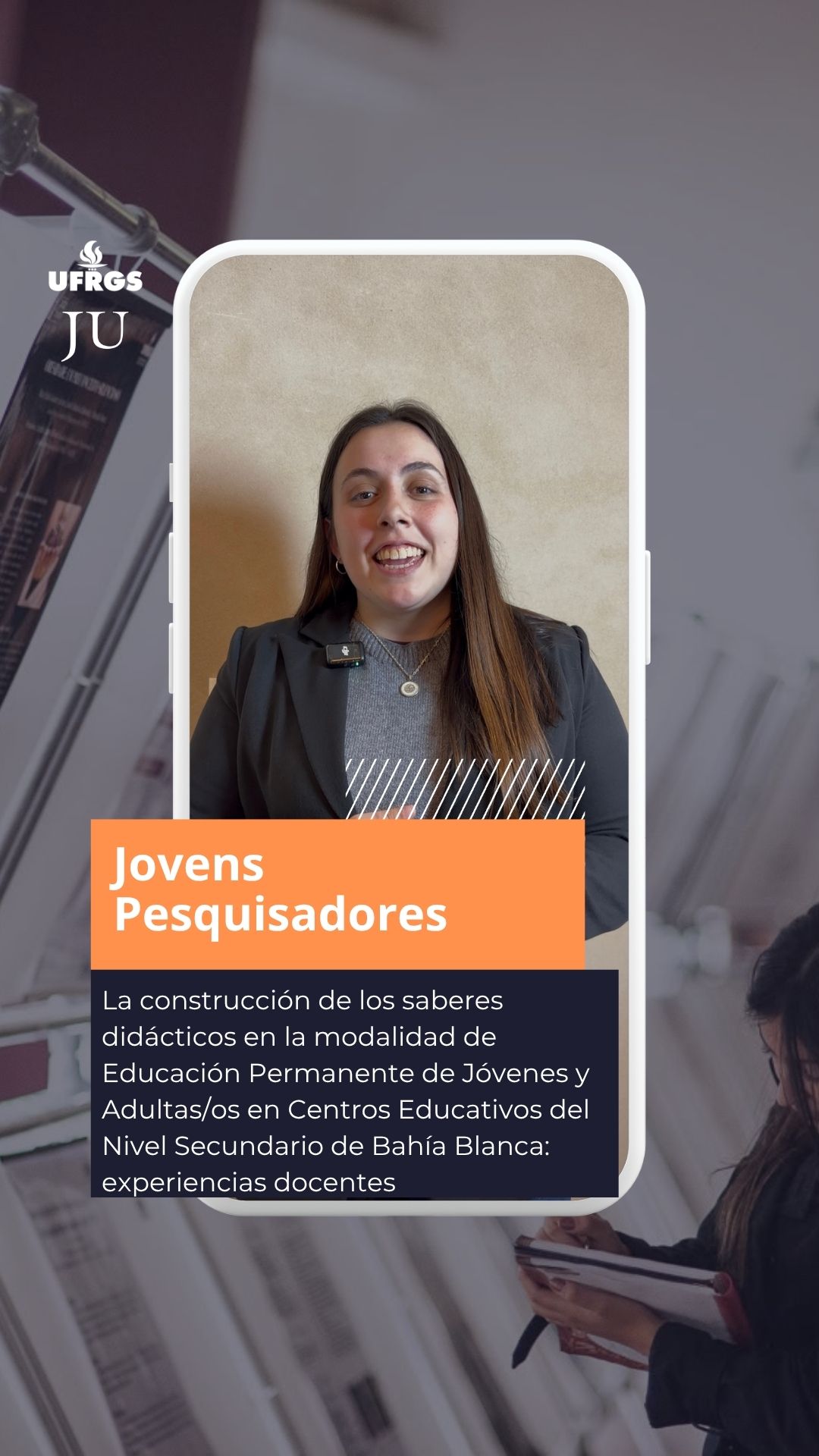 AUGM Jovens Pesquisadores | UFRGS sedia evento que debate a soberania acadêmica no Sul Global 

Ailén Aguinaga, da Universidad Nacional del Sur, traz para as 33.ª Jornadas de Jovens Pesquisadores (JJI) a pesquisa ‘La construcción de los saberes didácticos en la modalidad de Educación Permanente de Jóvenes y Adultas/os en Centros Educativos del Nivel Secundario de Bahía Blanca: experiencias docentes’.

Com a temática “Produzir conhecimento desde o Sul global: paradigmas disruptivos para a ciência”, Jovens Pesquisadores de diversos países do Sul Global participam entre os dias 20 e 22 de outubro das 33.ªs JJI, que ocorre no Câmpus do Vale da UFRGS. O foco do evento está na integração entre os pares.

🔗 Leia a reportagem “Soberania acadêmica no Sul Global exige cooperação regional e fomento público” no site do JU. Link na bio!

📝 Edição de vídeo: Isabela Daudt
