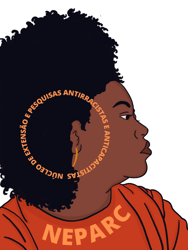 Ilustração digital de mulher negra de perfil até o busto, com camisa laranja e black power. Na camisa está escrito "NEPARC", e em torno de sua orelha está escrito, em formato circular, "Núcleo de Extensão e Pesquisas Antirracistas e Anticapacitistas"