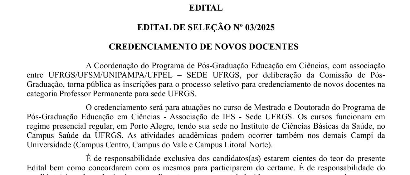 Publicado Edital para Novos Docentes no PPG