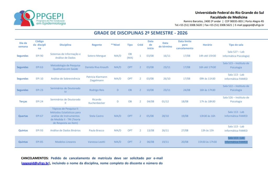 GRADE DE DISCIPLINAS 2º SEMESTRE – 2026
