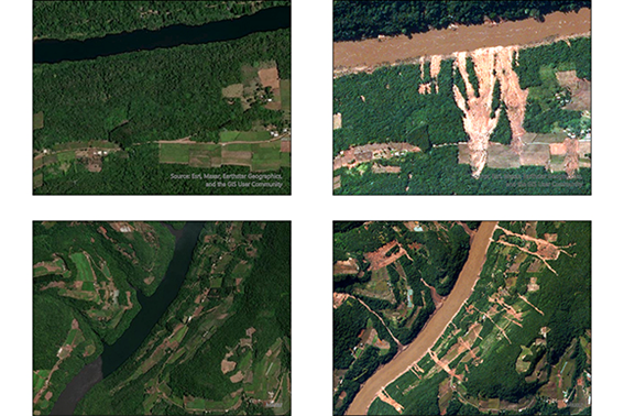 Imagens de satélite de maio de 2024 mostram claramente as transformações nas encostas do Vale do Taquari, evidenciando os impactos dos eventos recentes.