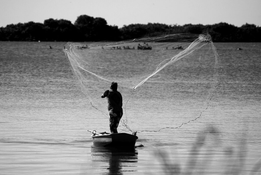 man, fisherman, fishery, boat, sea, network, livelihood, monochrome, black and white, grey, gray, nature, water, fishing, fishing net