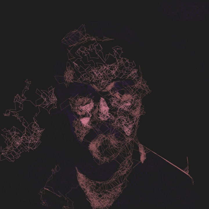 Foto digital do rosto de um homem com linhas em tons de roxo claro e escuro, de frente, usando um óculos