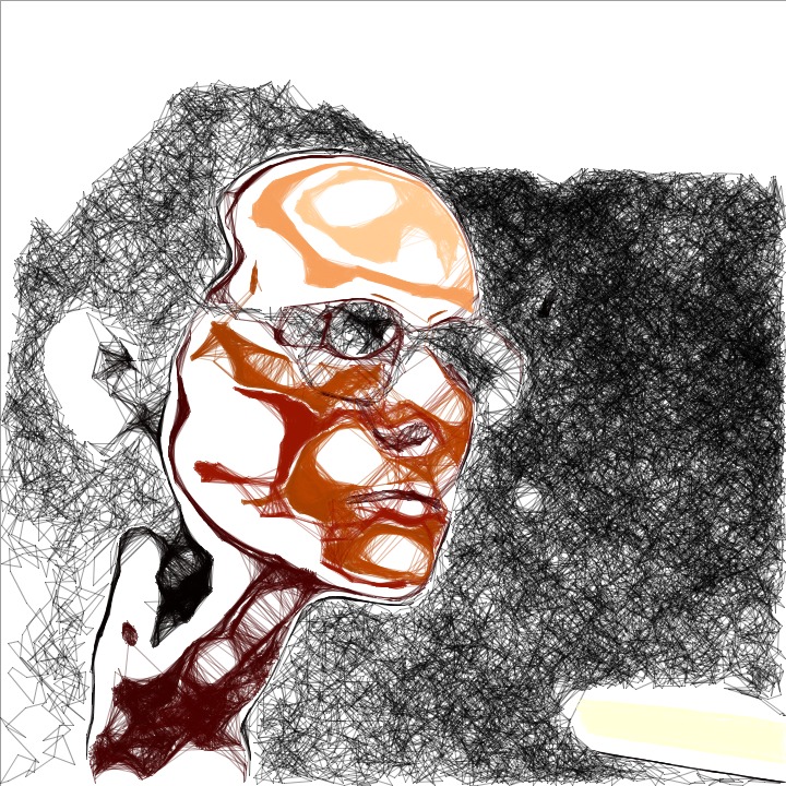 Foto digital do rosto de um homem com linhas pretas e marrons, de lado, usando um óculos.