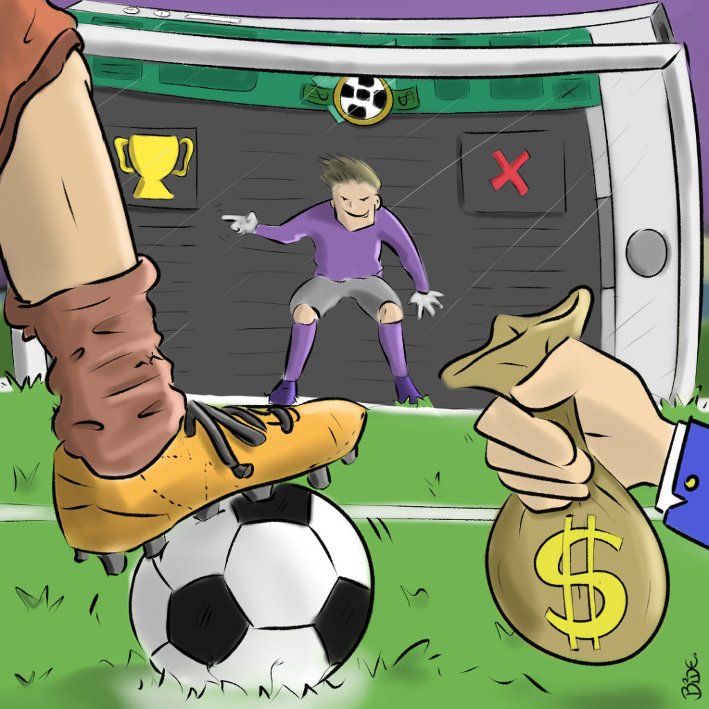 Cartoon: batedor de pênalti escolhe entre o gol e o dinheiro