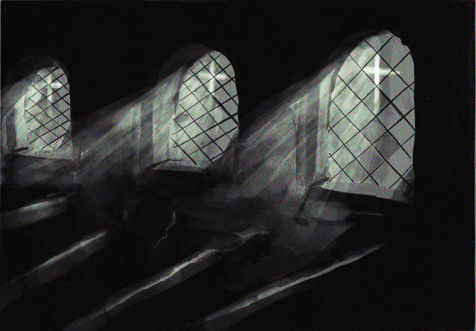 Ilustração de uma igreja escura, com três janelas e luzes entrando por elas e uma pessoa se confessando ajoelhada entre os bancos