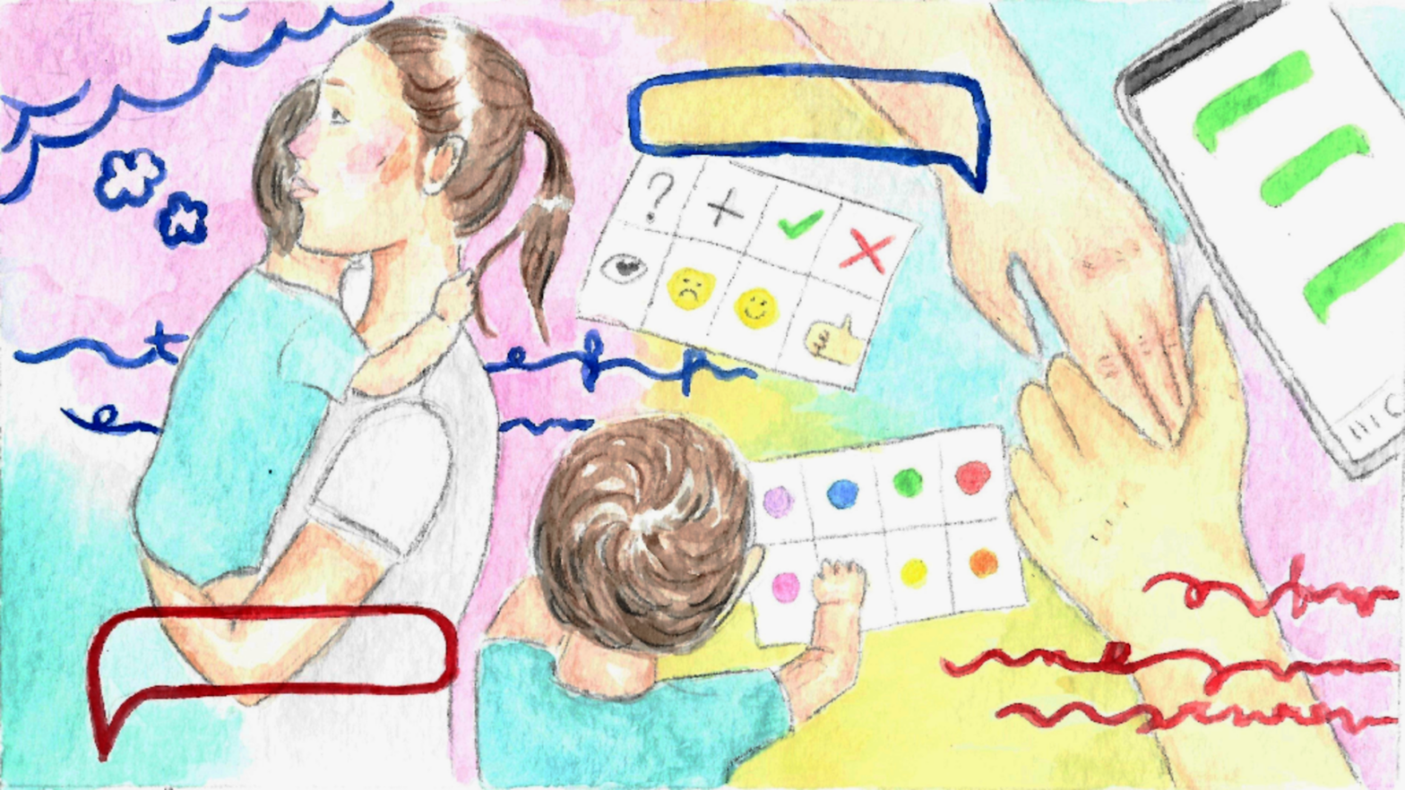 Ilustração contém uma mãe abraçando um bebê, junto a uma criança olhando fichas coloridas e um casal de mãos dadas ao lado de um telefone