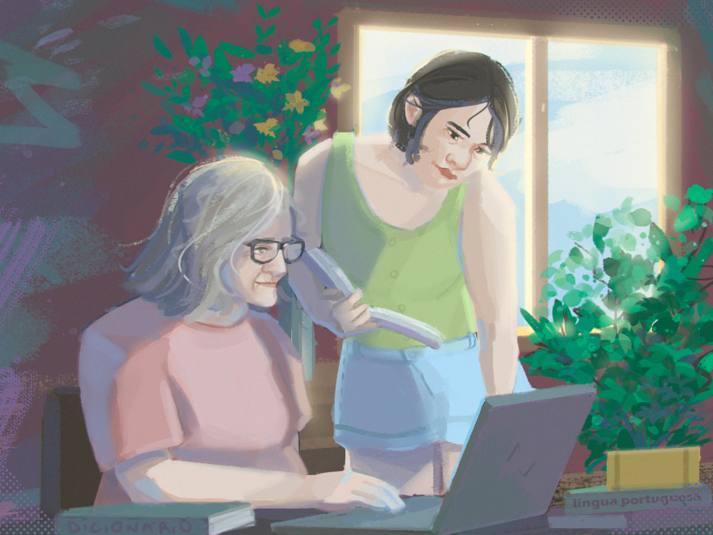 Ilustração de mulher jovem auxiliando mulher idosa a estudar. Ambas estão em um ambiente com árvores e janela e olhando para um computador.