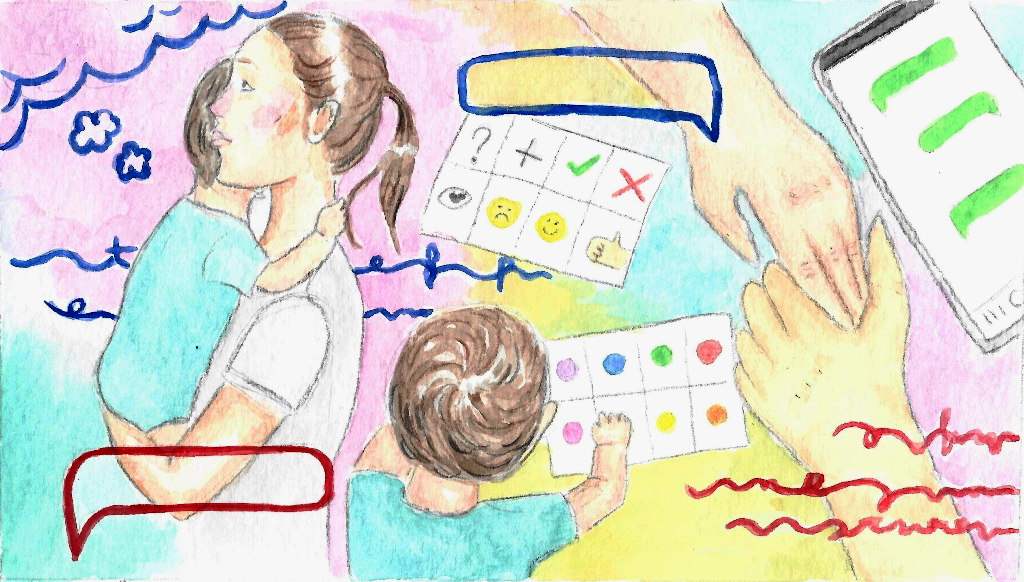 Ilustração contém uma mãe abraçando um bebê, junto a uma criança olhando fichas coloridas e um casal de mãos dadas ao lado de um telefone