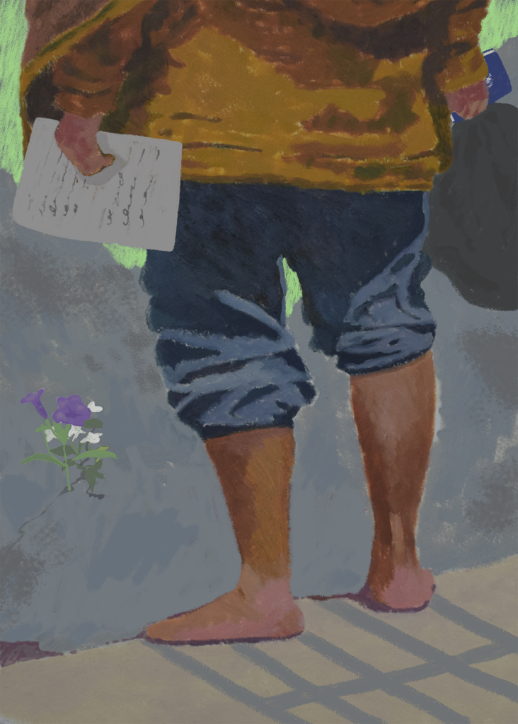 Ilustração de Uéslei Fagundes, mostrando da cintura para baixo uma pessoa de pés descalços, bermuda e moletom saindo da cadeia com seus pertences em uma sacola cinza. Na outra mão, esta pessoa segura um papel, que não mostra para o público o que está escrito. Atrás dos pés da pessoa, há uma sombra de grades, simbolizando a cadeia que está sendo deixada para trás. Em frente a ela, há uma flor roxa desabrochando, simbolizando uma nova chance para a ressocialização de egressos. Fim da descrição.